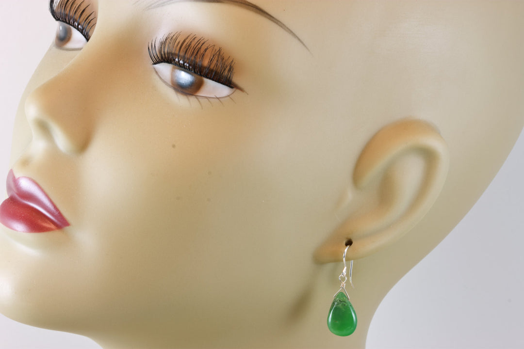 Green Chrysoprase Earrings Sterling Silver or 14k Solid Gold or Filled Smooth Pear Briolette Teardrops Simple Natural Raw Apple Green  Drops