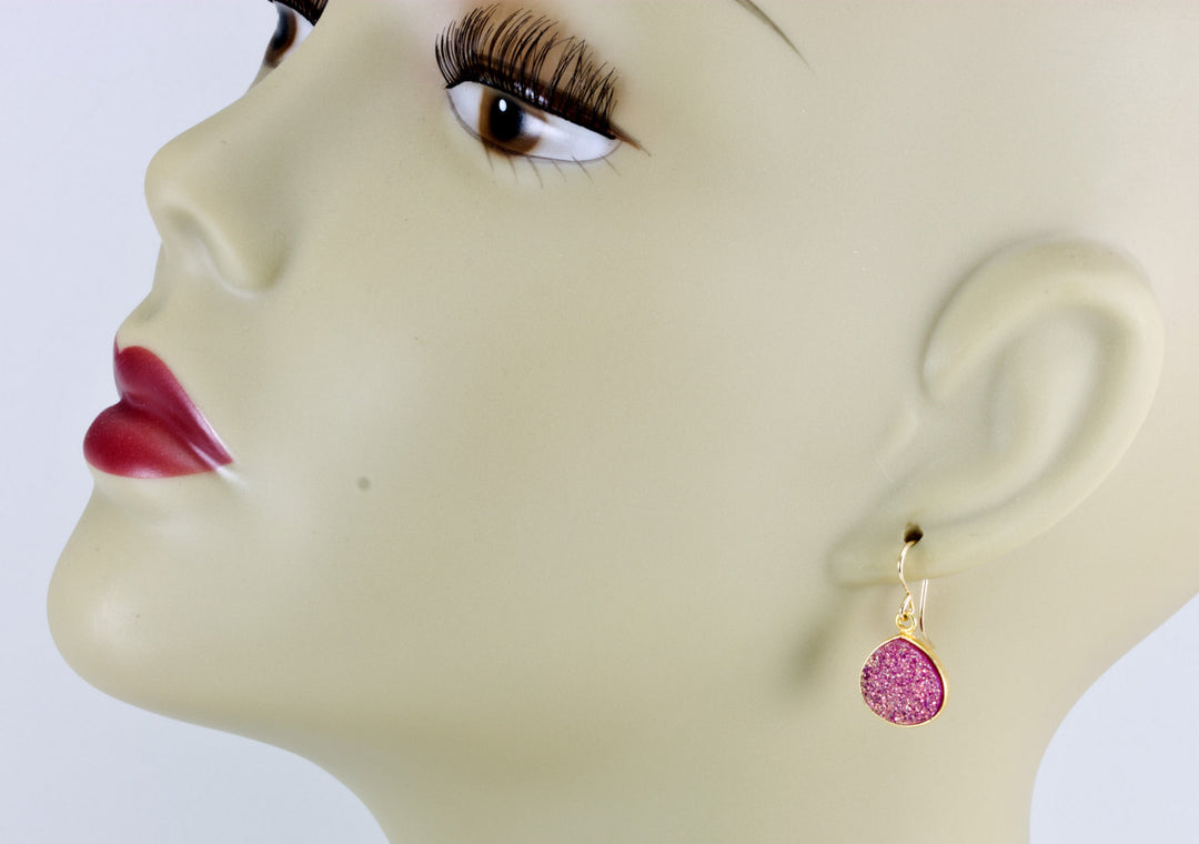 Pink Drusy Earrings Druzy Heart Teardrop 14 Solid Gold or Filled or Sterling Silver French Ear Wires Bezel Set Simple Drops Druse Simple
