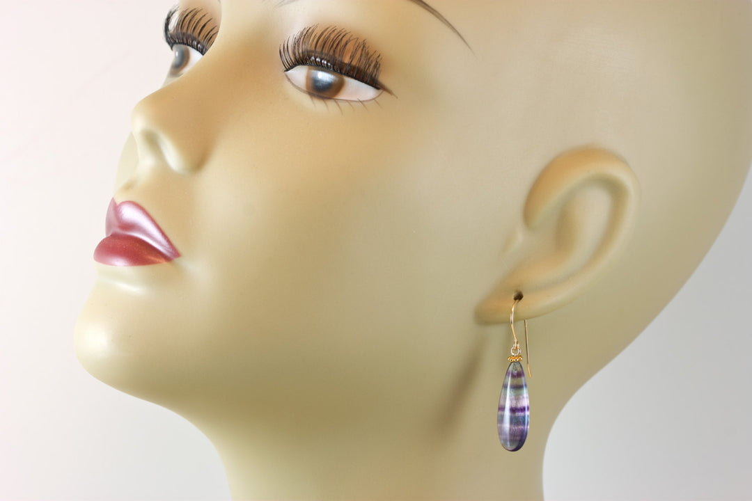 Fluorite Earrings Purple Teal Blue Striped Smooth Teardrop 14k solid gold or gold filled or sterling silver Natural Large Pair Beaded Simple