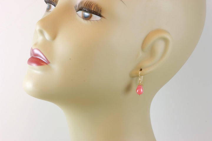 Rhodochrosite Earrings Smooth Natural PInk Teardrop Dangle Drops Sterling Silver or 14k Solid Gold or Filled Dainty Small Simple Earthy Pink