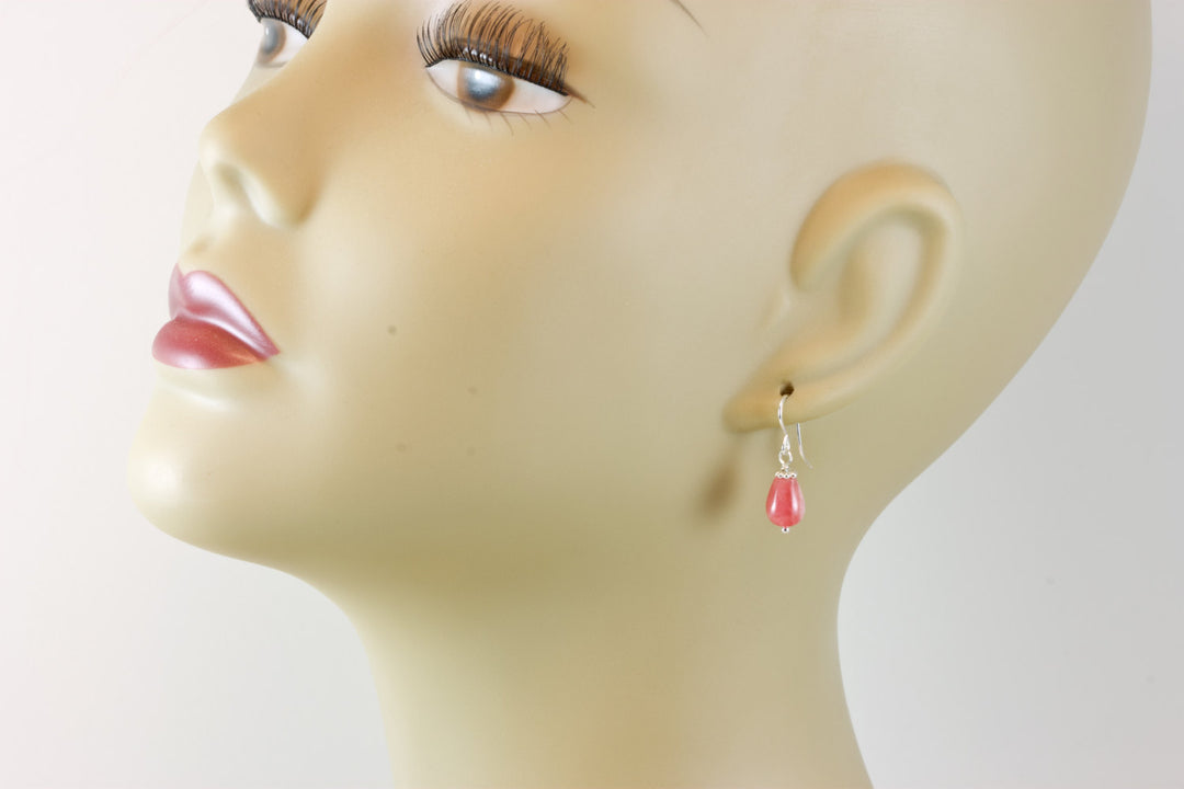 Rhodochrosite Earrings Smooth Natural PInk Teardrop Dangle Drops Sterling Silver or 14k Solid Gold or Filled Dainty Small Simple Earthy Pink