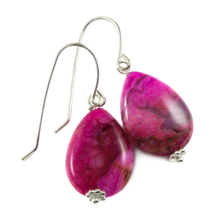Hot Pink Agate Earrings Natural Smooth Drop Beaded Teardrops Accents Sterling Silver or 14k Solid Gold or Filled Magenta Fuchsia Simple Drop