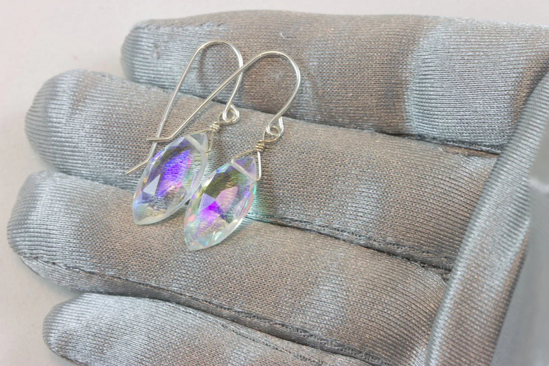 Mystic Clear Rainbow Quartz Earrings Marquise Shape Facet Teardrop 14k Solid Gold or Filled or Sterling Silver iridescent color simple drop - Spyglass Designs