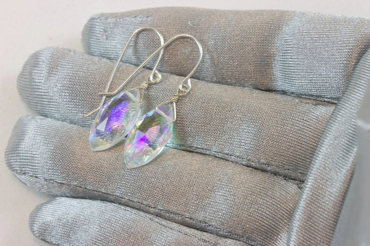 Mystic Clear Rainbow Quartz Earrings Marquise Shape Facet Teardrop 14k Solid Gold or Filled or Sterling Silver iridescent color simple drop - Spyglass Designs