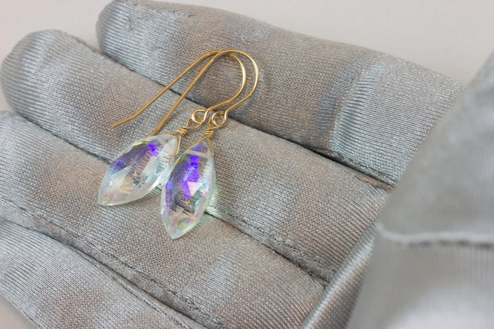 Mystic Clear Rainbow Quartz Earrings Marquise Shape Facet Teardrop 14k Solid Gold or Filled or Sterling Silver iridescent color simple drop - Spyglass Designs