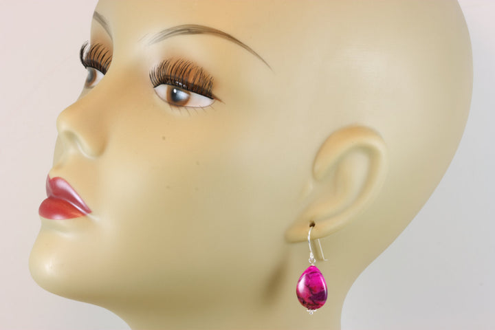 Hot Pink Agate Earrings Natural Smooth Drop Beaded Teardrops Accents Sterling Silver or 14k Solid Gold or Filled Magenta Fuchsia Simple Drop