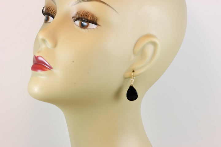 Black Onyx Earrings Sterling Silver or 14k Solid Gold or Filled Smooth Curved Teardrop Dangle Simple Design Special Cut Petal Shaped Drops