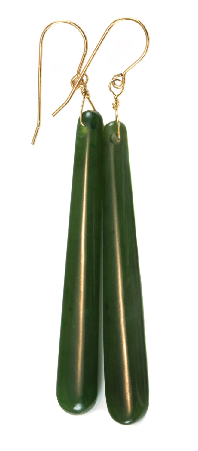 Green Jade Earrings Natural Nephrite Skinny Narrow Long Teardrop 14k solid gold or filled or Sterling Silver 3 Inch Special Cut Earthy Green
