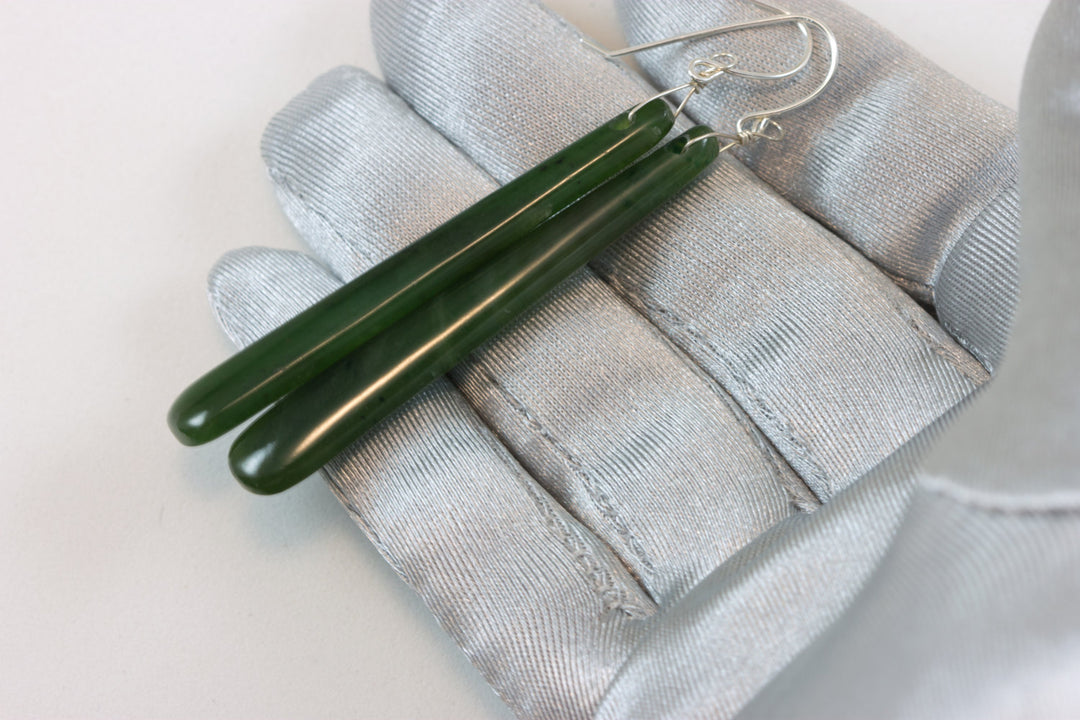 Green Jade Earrings Natural Nephrite Skinny Narrow Long Teardrop 14k solid gold or filled or Sterling Silver 3 Inch Special Cut Earthy Green