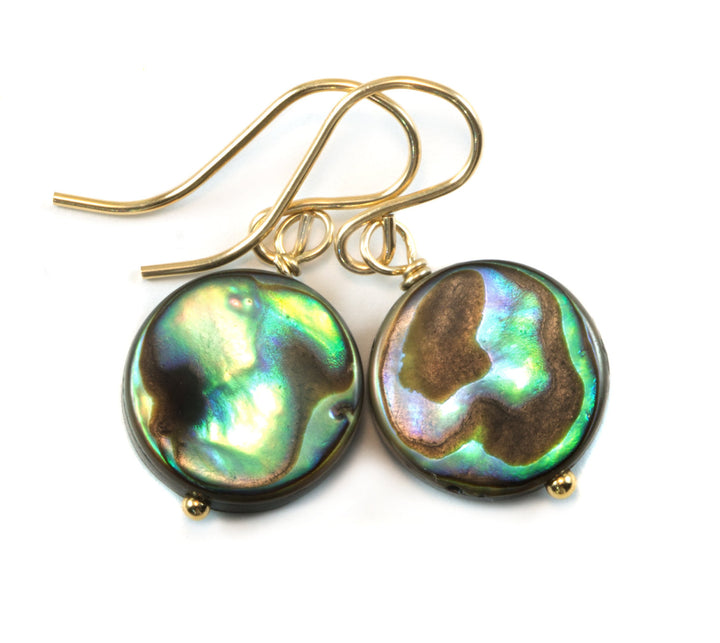 Abalone Paua Shell Teardrop Earrings Natural Peacock 14k Solid Gold or Filled or Sterling Silver Round Simple Double Sided Dainty MOP Drops