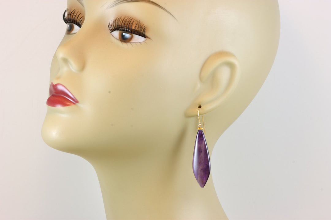 Purple Phantom Amethyst Earrings Smooth Natural Untreated Long Cut 14k Solid Gold or Filled or Sterling Silver Teardrop Real Large 2.2 Inch