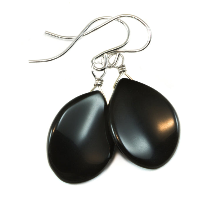 Black Onyx Earrings Sterling Silver or 14k Solid Gold or Filled Smooth Curved Teardrop Dangle Simple Design Special Cut Petal Shaped Drops