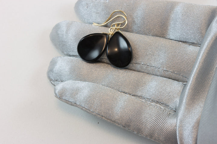 Black Onyx Earrings Sterling Silver or 14k Solid Gold or Filled Smooth Curved Teardrop Dangle Simple Design Special Cut Petal Shaped Drops