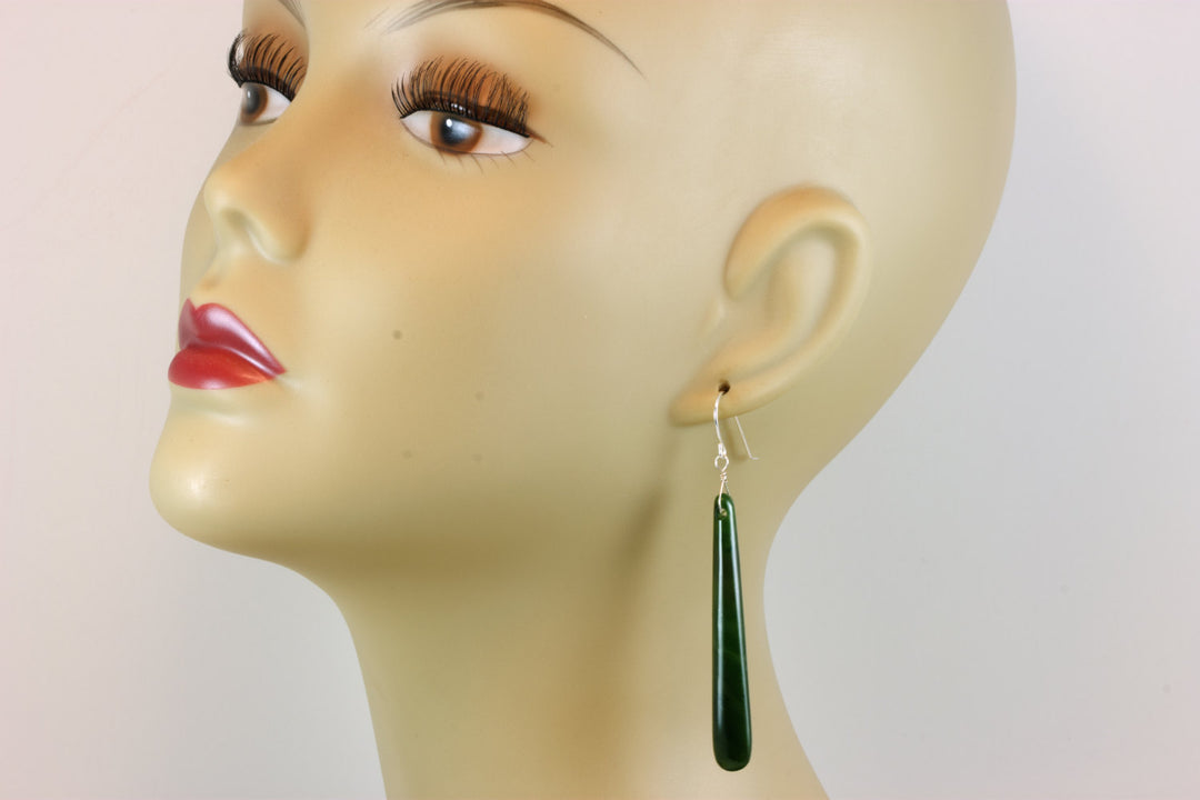 Green Jade Earrings Natural Nephrite Skinny Narrow Long Teardrop 14k solid gold or filled or Sterling Silver 3 Inch Special Cut Earthy Green
