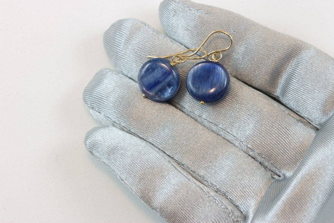 Kyanite Earrings  Rich Blue High Quality Smooth Simple Natural Round Button Drops 14k Solid Gold or Filled or Sterling Silver Dainty Dangles