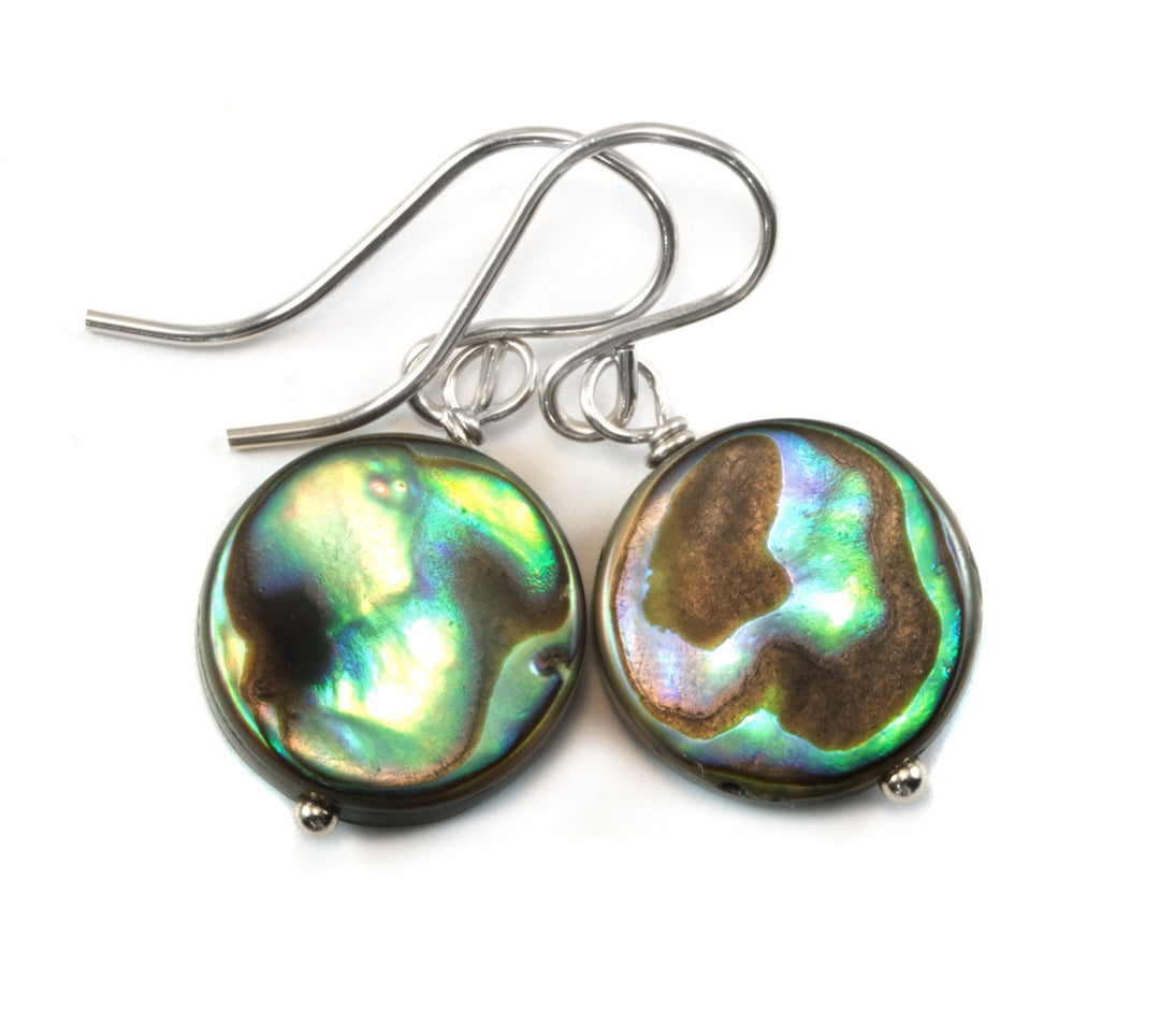 Abalone Paua Shell Teardrop Earrings Natural Peacock 14k Solid Gold or Filled or Sterling Silver Round Simple Double Sided Dainty MOP Drops