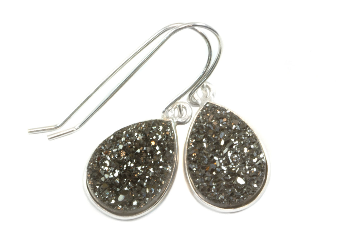 Black Drusy Earrings Druzy Quartz Teardrop Sterling Silver or 14k Solid Gold or Filled Bezel Set Simple Drops Platinum Gray Black Sparkly
