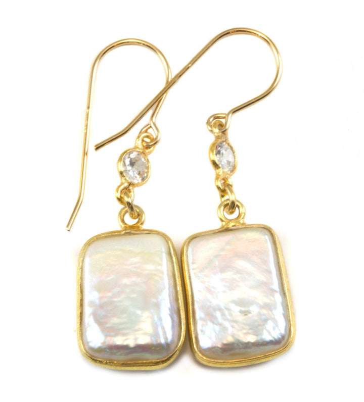 Pearl Earrings 14k gold filled Rectangular Bezel Set Clear Cubic Zirconia CZ Double Hung Freshwater Cultured Pearls Rectangle high luster