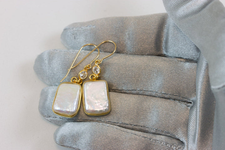 Pearl Earrings 14k gold filled Rectangular Bezel Set Clear Cubic Zirconia CZ Double Hung Freshwater Cultured Pearls Rectangle high luster