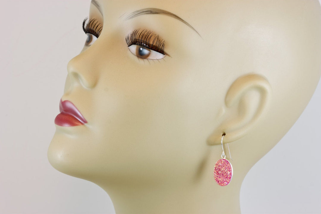 Pink Drusy Earrings Druzy Large Teardrop Oval Sterling Silver or 14k Solid Gold or Filled Bezel Set Simple Drops AAA Fuchsia Simple Drops