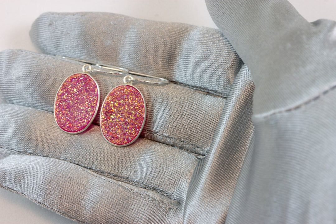 Pink Drusy Earrings Druzy Large Teardrop Oval Sterling Silver or 14k Solid Gold or Filled Bezel Set Simple Drops AAA Fuchsia Simple Drops