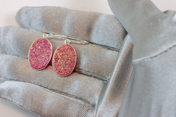 Pink Drusy Earrings Druzy Large Teardrop Oval Sterling Silver or 14k Solid Gold or Filled Bezel Set Simple Drops AAA Fuchsia Simple Drops