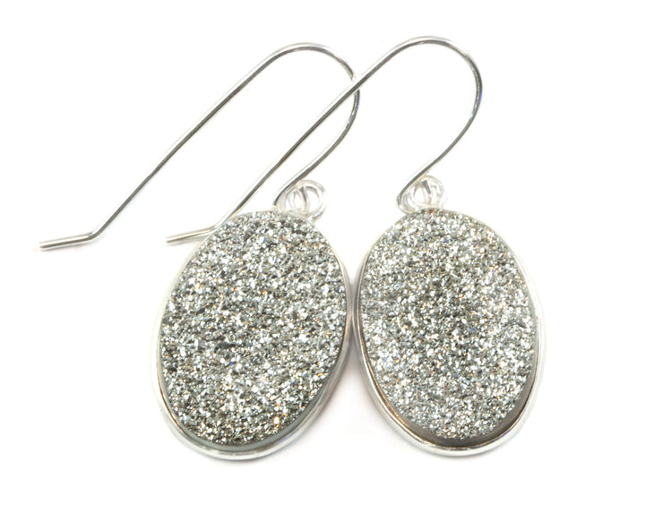 Silver Drusy Earrings Druzy Teardrop Silvery Oval Shape Sterling Silver French Ear Wires Bezel Set Simple Drops sparkley shiney large ovals