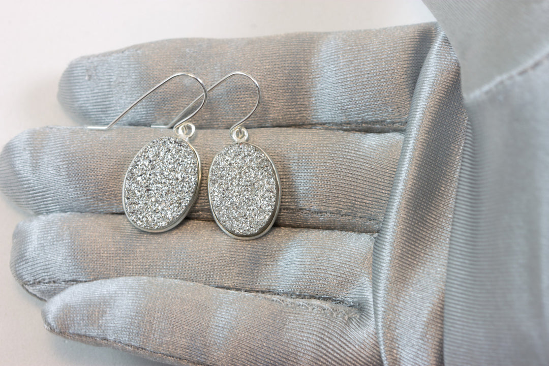 Silver Drusy Earrings Druzy Teardrop Silvery Oval Shape Sterling Silver French Ear Wires Bezel Set Simple Drops sparkley shiney large ovals