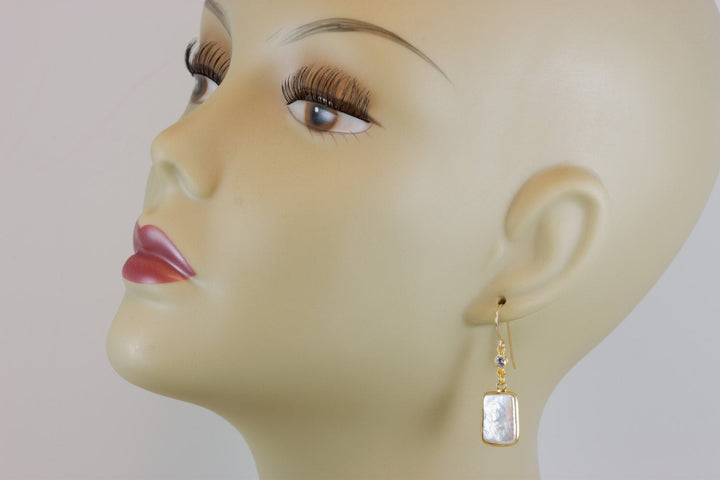 Pearl Earrings 14k gold filled Rectangular Bezel Set Clear Cubic Zirconia CZ Double Hung Freshwater Cultured Pearls Rectangle high luster