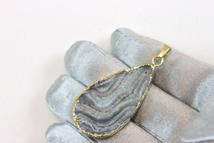 Drusy Necklace Pendant 14k gold plate  Large Mushroom Gray Druzy Large Grey Stone Swirls Spyglass Designs Teardrop Pear Shape Natural Quartz