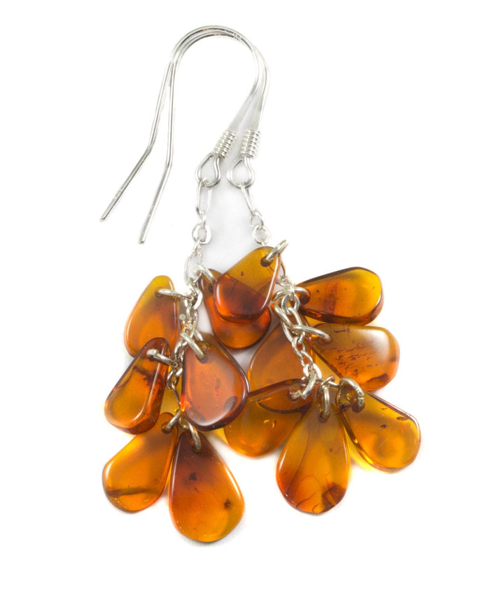 Amber Earrings Sterling Silver Honey Smooth Cluster Chandelier Style Teardrop Natural Briolettes Dangles Clusters Lightweight Rich Yellow