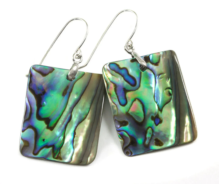Abalone Paua Shell Teardrop Earrings Large Natural Peacock Colors 14k Solid Gold or Filled or Sterling Silver Rectangle Blue - Spyglass Designs