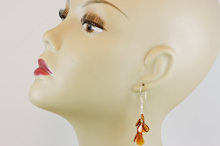 Amber Earrings Sterling Silver Honey Smooth Cluster Chandelier Style Teardrop Natural Briolettes Dangles Clusters Lightweight Rich Yellow