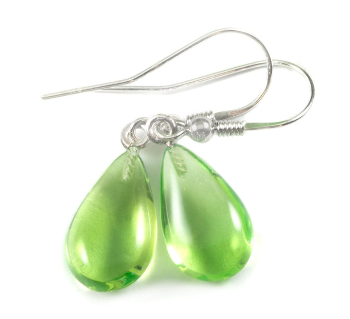 Amber Earrings Sterling Silver Light Green Smooth Puffed Teardrop Natural Pear Shaped Dangles Soft Apple Green Spyglass Designs