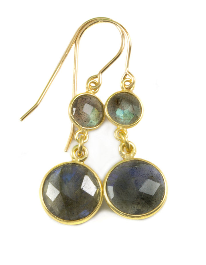 Labradorite Earrings 14k Gold Filled Small Simple Drops Bezel Set Round Double Hung Drop Dangle Round Cut AAA Blue Flash Spyglass Designs