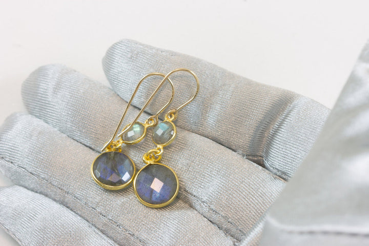 Labradorite Earrings 14k Gold Filled Small Simple Drops Bezel Set Round Double Hung Drop Dangle Round Cut AAA Blue Flash Spyglass Designs