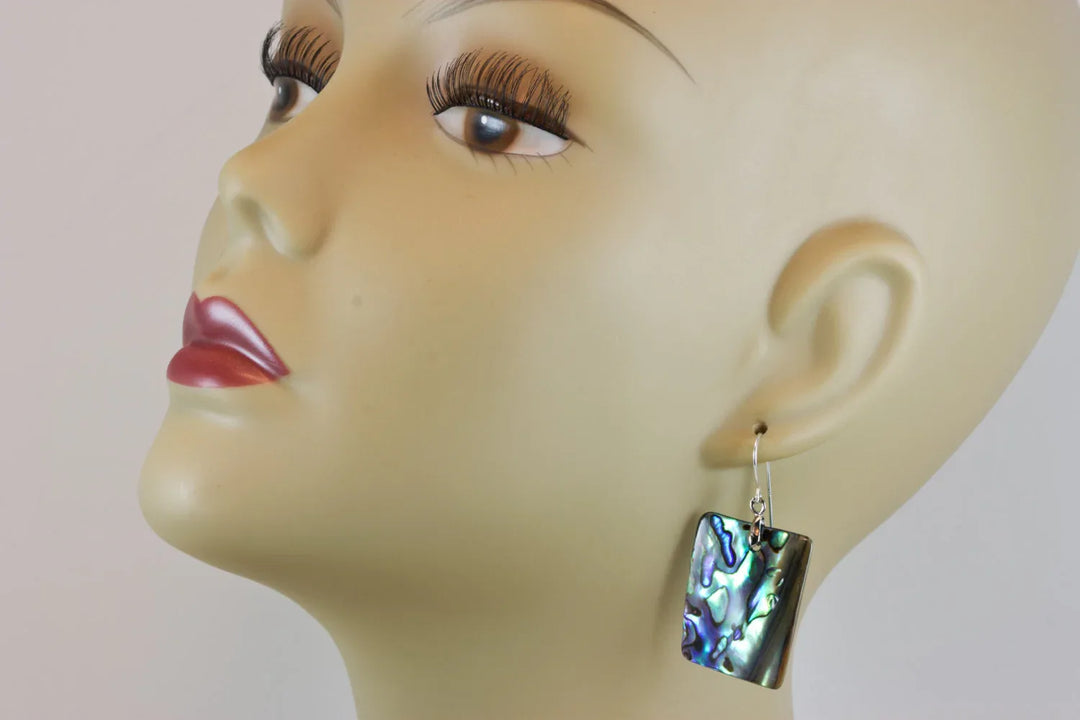 Abalone Paua Shell Teardrop Earrings Large Natural Peacock Colors 14k Solid Gold or Filled or Sterling Silver Rectangle Blue - Spyglass Designs