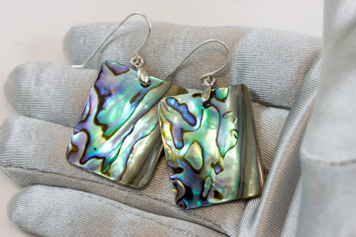 Abalone Paua Shell Teardrop Earrings Large Natural Peacock Colors 14k Solid Gold or Filled or Sterling Silver Rectangle Blue - Spyglass Designs