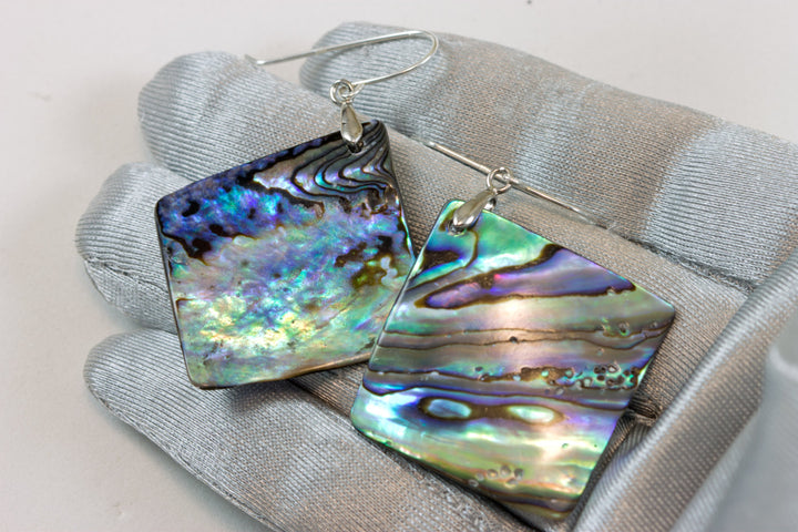 Abalone Paua Shell Teardrop Earrings Extra Large Natural Peacock Colors Sterling Silver Triangle Blue Green Iridescent MOP 2.6 In