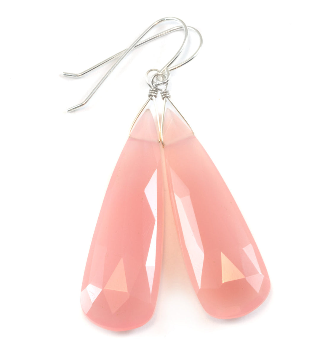Pink Chalcedony Earrings Faceted Teardrop Faceted AAA Sterling Silver or 14k Solid Gold or Filled Large Long Soft Pale Pink Natural Drops