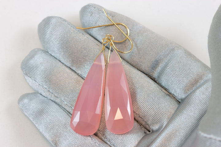 Pink Chalcedony Earrings Faceted Teardrop Faceted AAA Sterling Silver or 14k Solid Gold or Filled Large Long Soft Pale Pink Natural Drops