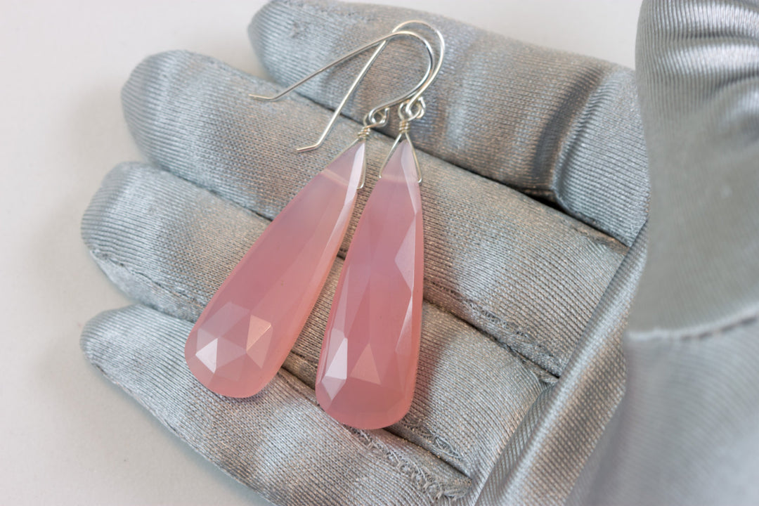Pink Chalcedony Earrings Faceted Teardrop Faceted AAA Sterling Silver or 14k Solid Gold or Filled Large Long Soft Pale Pink Natural Drops