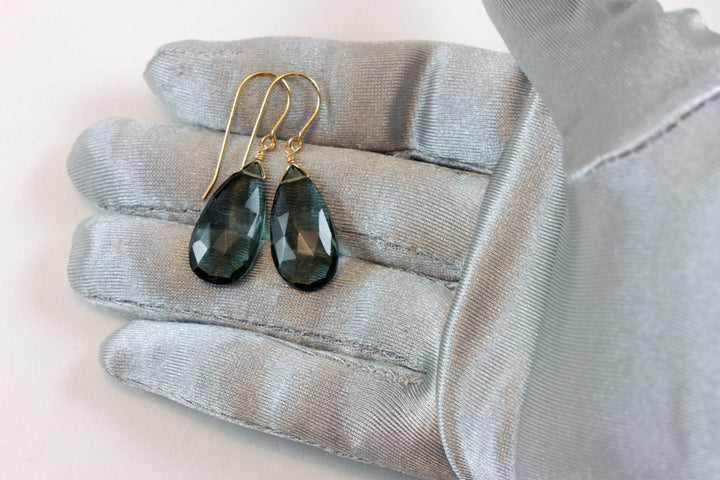 London Blue Earrings Simulated Topaz Teardrop Briolette Faceted Large Smoky Drops Sterling Silver or 14k Solid Yellow Gold or Filled Smokey