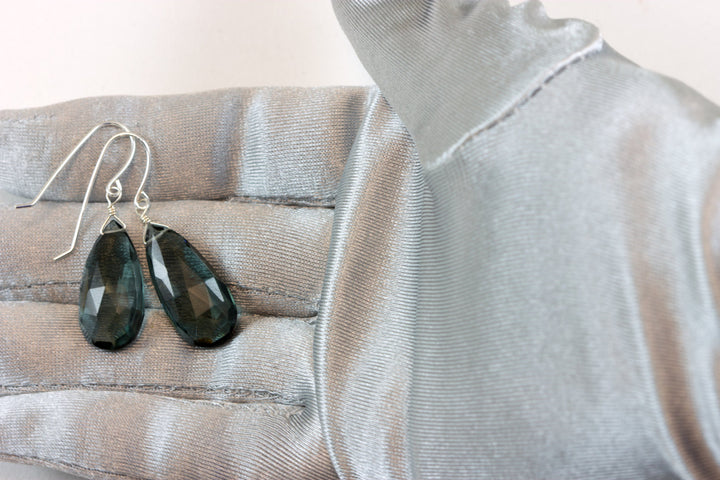 London Blue Earrings Simulated Topaz Teardrop Briolette Faceted Large Smoky Drops Sterling Silver or 14k Solid Yellow Gold or Filled Smokey