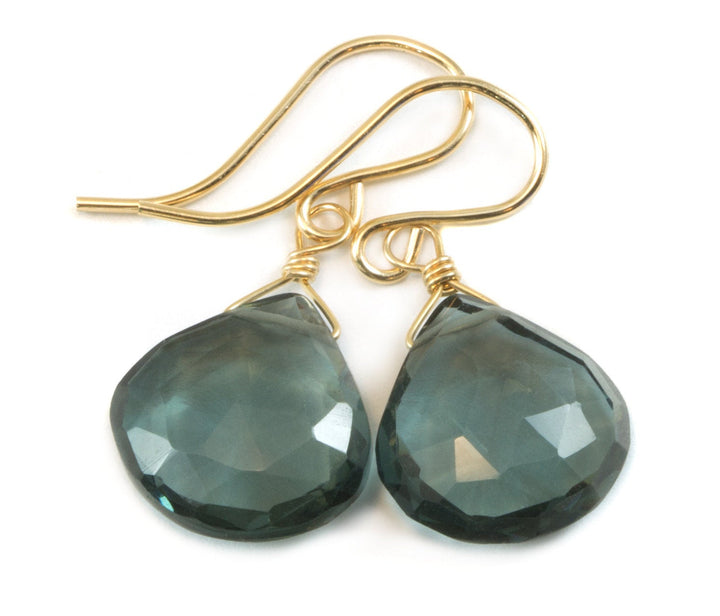 London Blue Earrings Sim Topaz Teardrop Briolette Faceted Heart Smoky Drop Sterling Silver or 14k Solid Gold or Filled Simple Smokey Blue