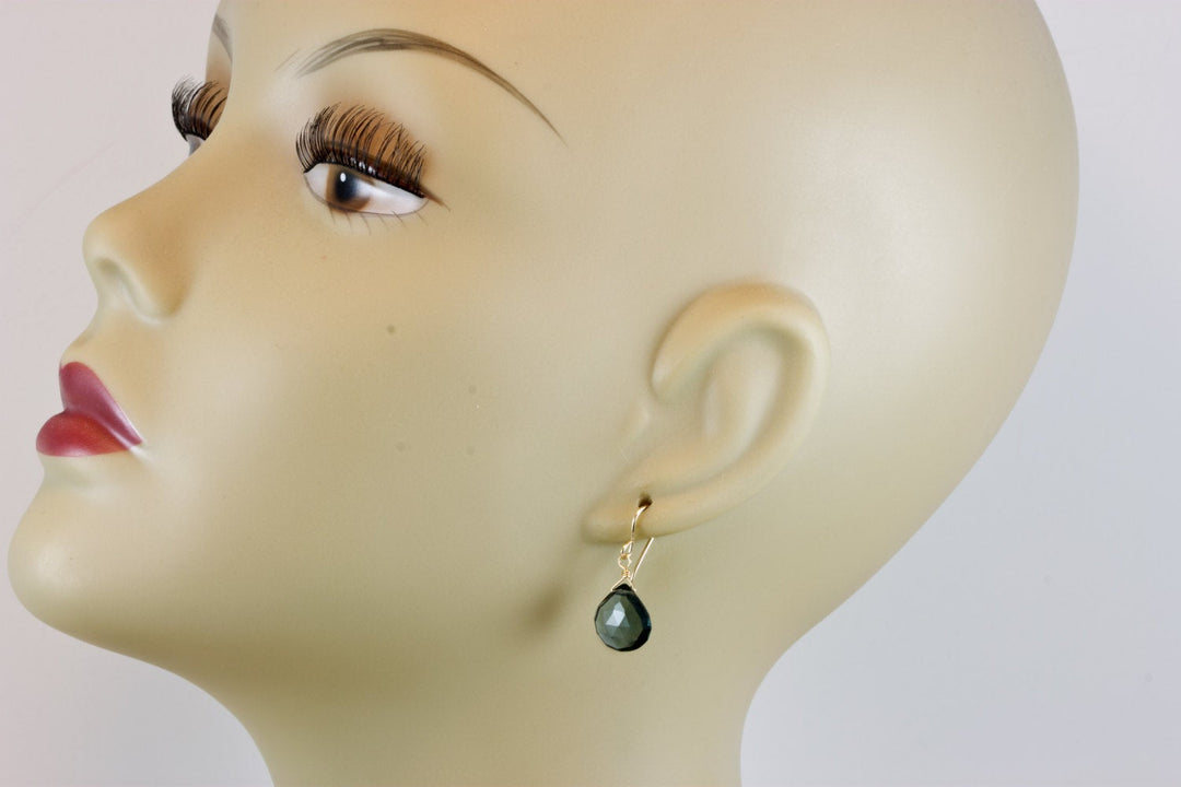 London Blue Earrings Sim Topaz Teardrop Briolette Faceted Heart Smoky Drop Sterling Silver or 14k Solid Gold or Filled Simple Smokey Blue