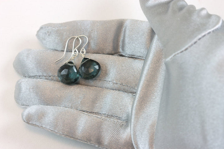 London Blue Earrings Sim Topaz Teardrop Briolette Faceted Heart Smoky Drop Sterling Silver or 14k Solid Gold or Filled Simple Smokey Blue