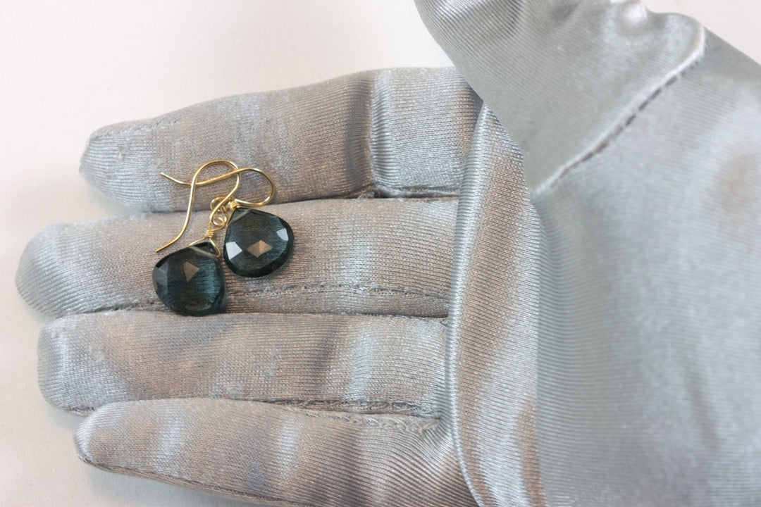 London Blue Earrings Sim Topaz Teardrop Briolette Faceted Heart Smoky Drop Sterling Silver or 14k Solid Gold or Filled Simple Smokey Blue