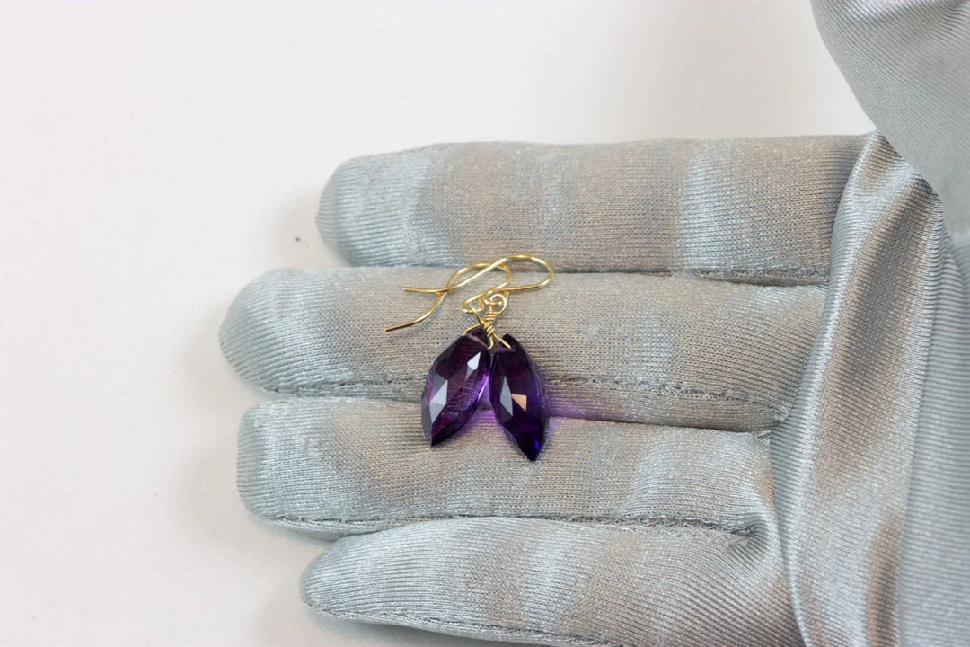 Purple Amethyst Earrings Faceted Marquise Simulated Briolette Cut 14k Solid Gold or Filled or Sterling Silver Teardrop Fancy Deep Rich color - Spyglass Designs