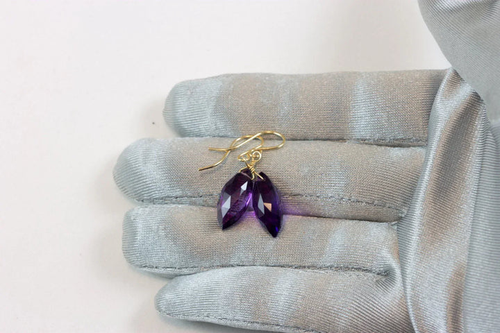 Purple Amethyst Earrings Faceted Marquise Simulated Briolette Cut 14k Solid Gold or Filled or Sterling Silver Teardrop Fancy Deep Rich color - Spyglass Designs